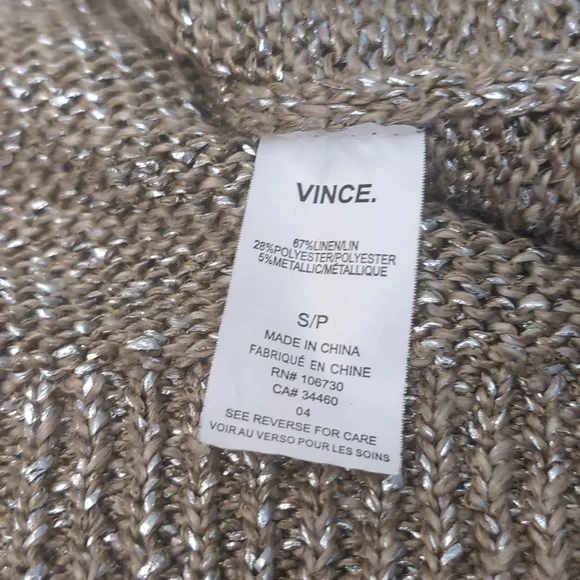 Vince Linen Blend Tan And Silver Metallic Crew Neck Sweater Relaxed Fit Small - Picture 4 of 9